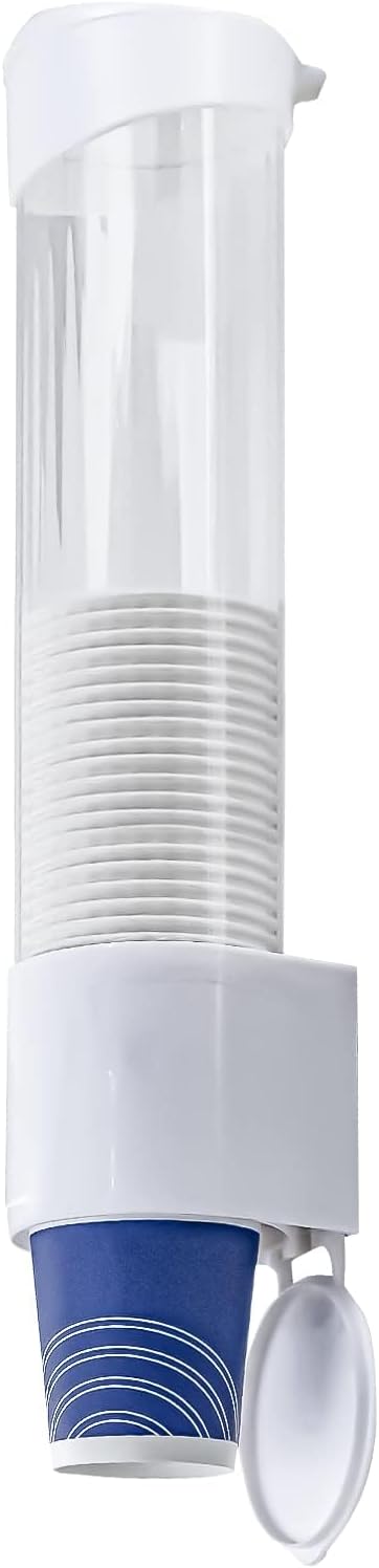 Cup Dispenser, Water Cooler Pull Type Cup Holder Fits 5oz - 7oz Cone or Flat Bottom Cups, Paste or Screw Plate Wall Mount, 15" Tube Length White