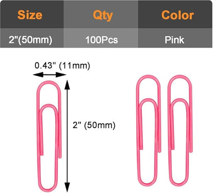 Vinaco Paper Clips Pink, 100 Pack Large Paper Clips 2 Inch (50 mm), Durable & Rust Resistant, Jumbo Paperclips. Great for Office, School and Personal Use (Pink)