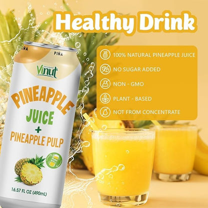 Vinut Natural Pineapple Juice Drink with Pulp, (16.57 fl oz, Pack of 12) Real Pineapple Juice, No Sugar Added, Gluten Free, GMO-Free
