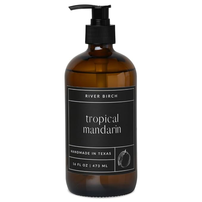 River Birch Tropical Mandarin Scented Natural Hand Soap - Handmade Soap - Moisturizing Hand Wash with Amber Glass Dispenser - Luxury Scented and Hydrating - Vegan and Non-Toxic - 16 Fl Oz