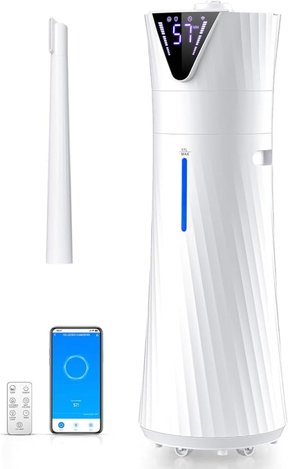 17L/4.5Gal Humidifier Large Room, Smart Quiet Ultrasonic Cool Mist Humidifiers for Bedroom, Covers 2000ft², 56H Runtime, 24H Timer, 3 Mist Modes Humidifiers for Home, Office, Plants, White