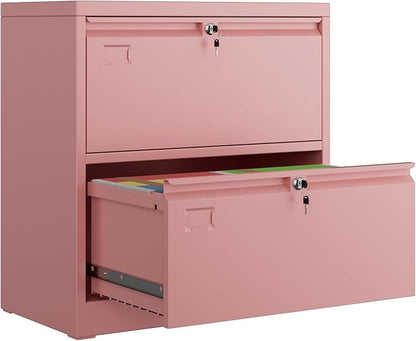 SUXXAN Metal 2 Drawer Lateral File Cabinet with 2 Lock - Wide Filing Cabinet for Letter/Legal/F4/A4 Hanging Files - Includes Business Card Holder,Home Office School Storage,Pink