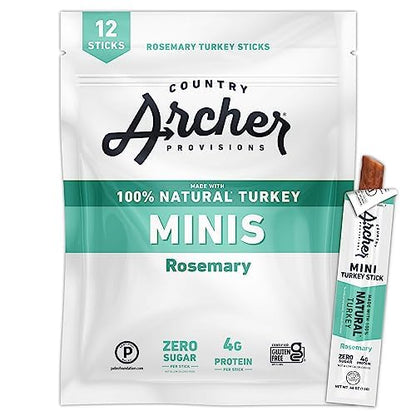 Country Archer Mini Turkey Jerky Sticks - All Natural Turkey Sticks, Meat Snack for People, Gluten Free, Keto Protein Snack, Rosemary Flavor - 0.5 oz (Pack of 12)