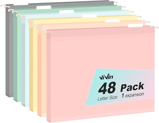 ViVin Hanging File Folders, 1/5-Cut Adjustable Tabs with 48 Per Box, 1 Inch Expansion, 48 Pack Letter Size Hanging File Folders, Designed for Office Home School Filing Cabinet(Assorted)