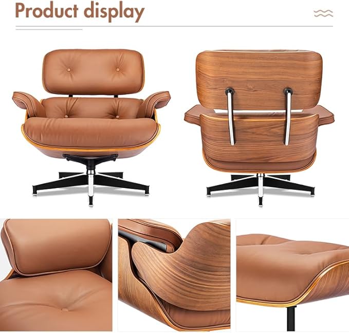 Mid Century Chaise Lounge Chair with Ottoman, Top Black Grain Leather, Modern Office Chair Classic Design, Heavy Duty Base Support for Living Room Study Lounge Office