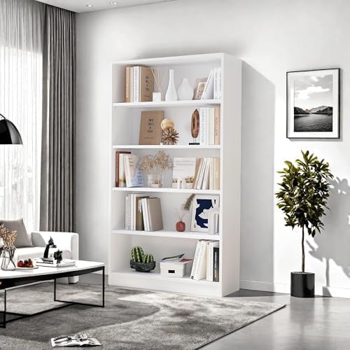 Bookshelf, 5 Shelf Bookcase Open Modern Bookshelf, Bookcase with Freestanding Display Storage, Wooden Book Shelf for Bedroom, Living Room, Dinning Room, Office, 60 Inch, White