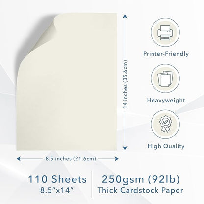 MOS Off-White Legal Cardstock Paper 8.5 x 14 Inch (110 Sheets) — Heavyweight 250 GSM Cover Stock for Certificates, Menus, Legal Documents, Crafts, Printer Compatible