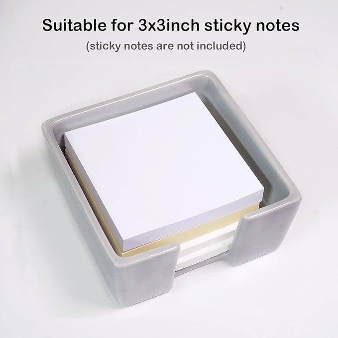 Ceramic Sticky Note Holder, 3 x 3" Sticky Note Dispenser, Notepad Holder for Desk, Office Essentials Organizer (Grey)