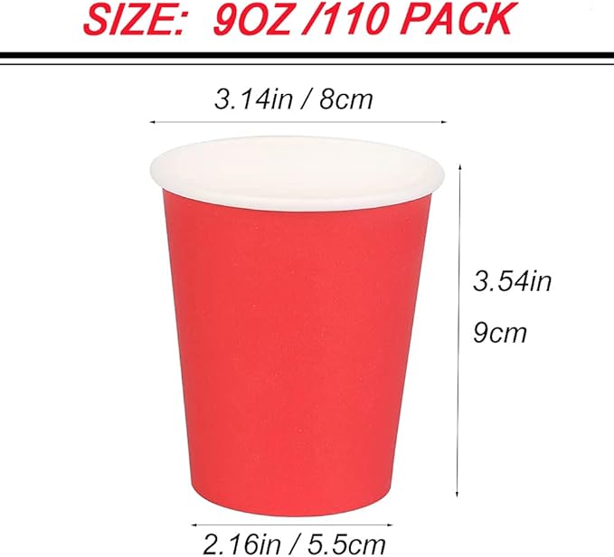 Paper Cups 8 oz 110 Pack, Disposable Paper Coffee Cups for Hot or Cold Beverage Drinking for Party, Picnic, BBQ, Travel, and Event -Red