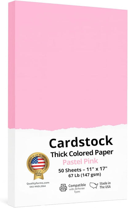 NextDayLabels Color Cardstock Paper - 50 Sheets - 11" x 17" - Pastel Pink 67 lb (147 gsm) - Thick Colored Paper for Crafting, Invitations, Posters, Flyers, and DIY Projects - Made in USA