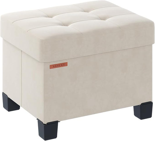 Cube Storage Ottoman, Velvet Foot Stool with Feet, Folding Storage Bench, End of Bed Bench, Storage Chest, for Living Room, Bedroom, 12.6 x 15.8 x 13.2 Inches, Cream White, ASND21W
