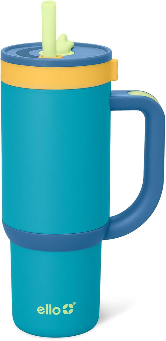 Ello Oasis 18oz Kids Tumbler with Handle & Retracting Straw, 100% Leakproof Reusable Insulated Stainless Steel Cup, Gifts for Teens Girls Boys, Keeps cold for 18 Hours, Cup Holder Friendly, Glacier