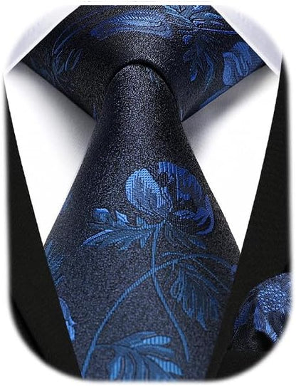 HISDERN Men Floral Ties Woven Classic 3.4" Necktie Set Formal Tie Pocket Square for Wedding with Handkerchief Gift Box