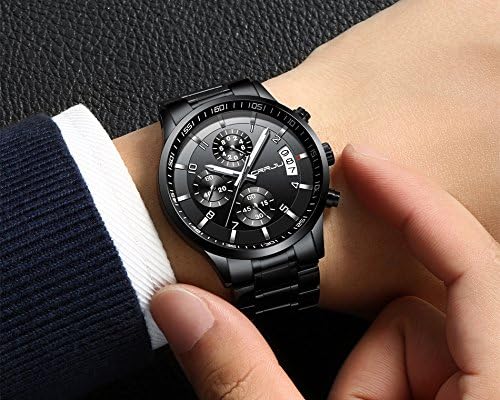 CRRJU Men's Fashion Stainless Steel Watches Date Waterproof Chronograph Wristwatches,Black Steel Band Waterproof Quartz Watch for Men