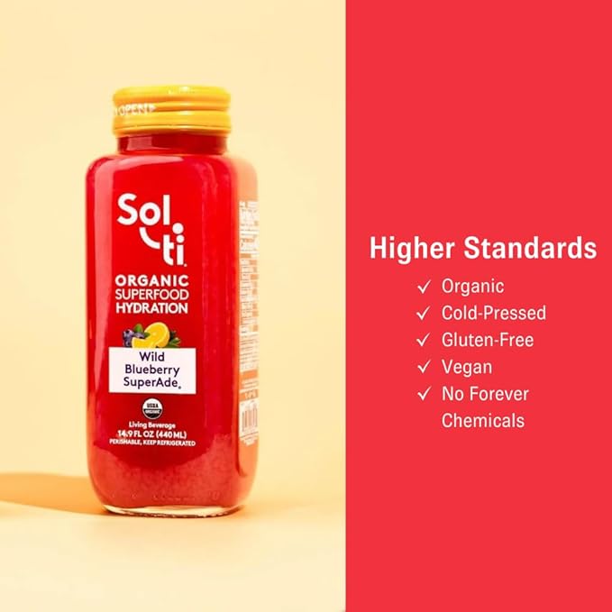 Organic SuperAde Hydration Drink with Powerful Anti-Oxidants, SuperFood Lemonade by Sol-ti, Cold-Pressed Wild Blueberry and Lemon Juice Blend, 16 Pack (14.9 Fl oz)
