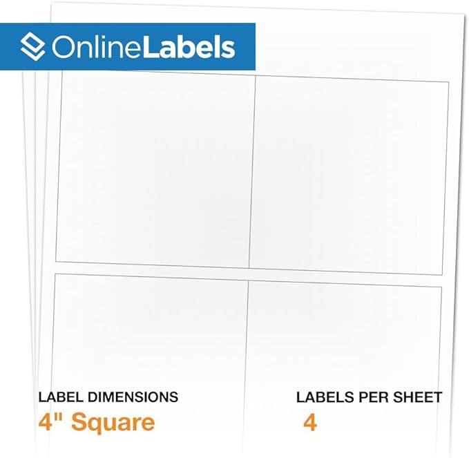OnlineLabels 4" x 4" Square Labels - Permanent Adhesive, White Matte - Great for Product Labels, Organization, Jars, & More - for Inkjet & Laser Printers - Pack of 100 Labels, 25 Sheets, OL3027WX