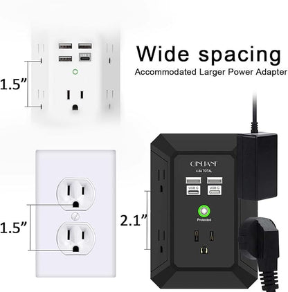 USB Wall Charger, Surge Protector, QINLIANF 5 Outlet Extender with 4 USB Charging Ports(2U2C) 3-Sided 1680J Power Strip Multi Plug Outlets Wall Adapter Spaced for Home Travel Office,Black