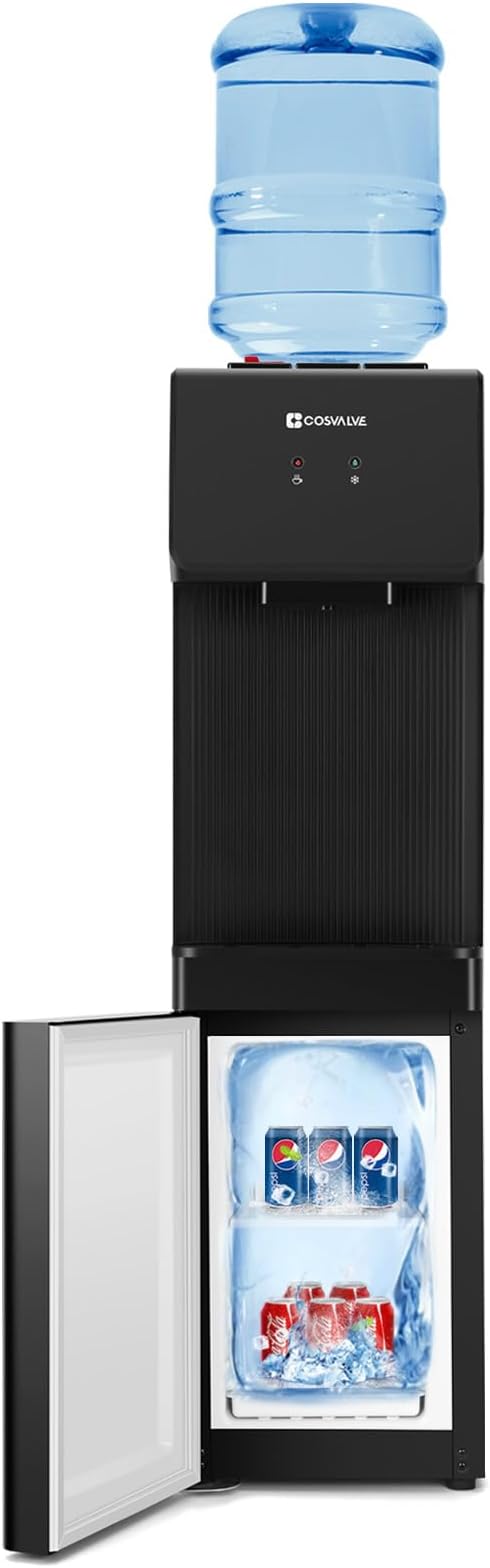Top Loading Water Cooler Dispenser, 5 Gallon Hot & Cold Water Cooler with Freezer Cabinet, Water Dispenser with Child Safety Lock for Home Office, Apartment, Dorm, Gym