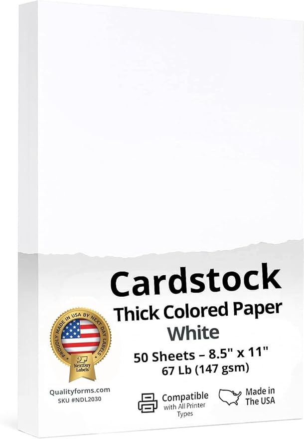 NextDayLabels Color Cardstock Paper - 50 Sheets - 8-1/2" x 11" - White 67 lb (147 gsm) - Thick Colored Paper for Crafting, Invitations, Posters, Flyers, and DIY Projects - Made in USA