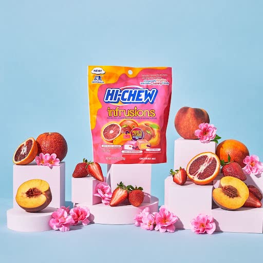 HI-CHEW Infrusions Blood Orange, Stawberry, Peach, 7 Mini Stand Up Pouches, 4.24oz each - Fun Soft & Chewy Candy - Immensely Juicy Fruity Flavors - Individually Wrapped Sharing Candy