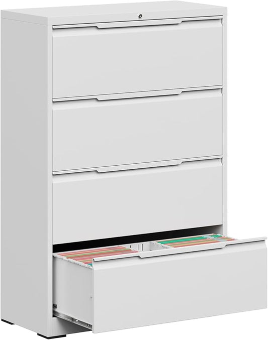 File Cabinet, 4 Drawer Metal File Cabinet with Lock, Lateral File Cabinet for Home and Office, Lateral File Cabinet for A4 Legal/Letter Size, Assembly Required (White, 4 Drawer)