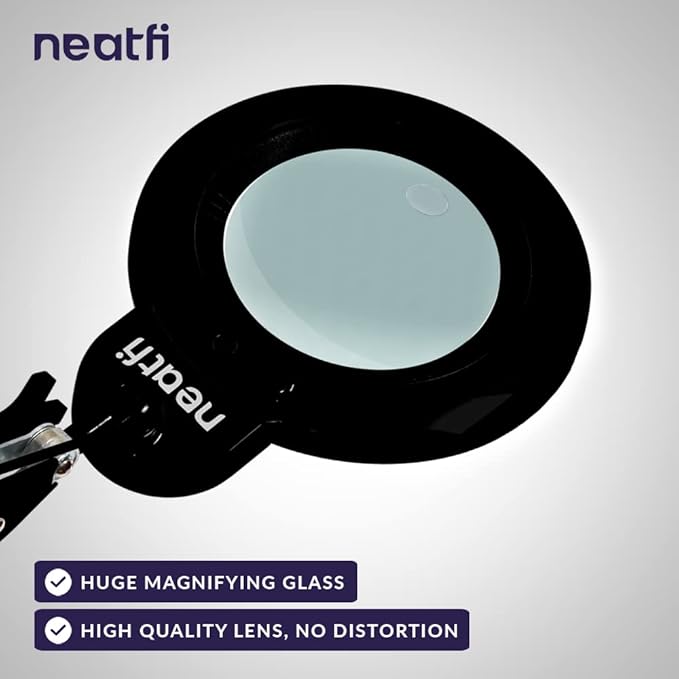 Neatfi XL Bifocal LED Magnifying Lamp – 7” Acrylic Lens, 5D/20D Magnification, 1,600 Lumens, Dimmable with 3 Light Modes, Adjustable Arm & Clamp, Lamp for Reading, Crafting (Black, CCT with Clamp)
