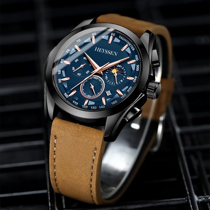 Watches for Men Chronograph Analog Luminous Quartz Watch Blue Black Luxury Genuine Leather Mens Watches Business Sports Waterproof Wristwatch Elegant Gift for Him