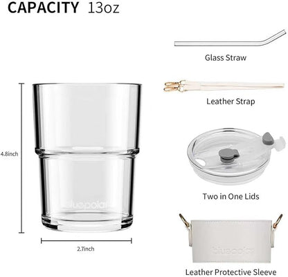 13oz/400ml Glass Water Tumbler with Straw and Lid Sealed Carry On Thick Wall Iced Coffee Cup Glass Cup for Water, Iced Tea Fruit Juice Etc (White with Sleeve and Strap)
