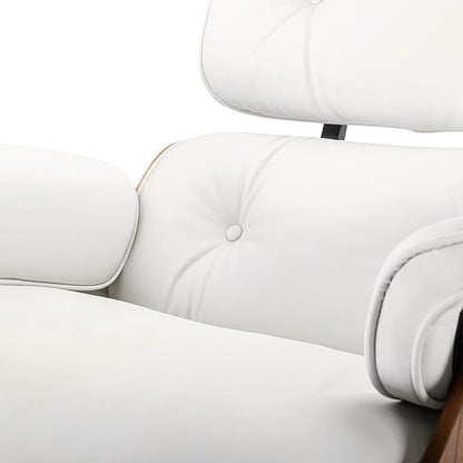 Top White Grain Leather, Mid Century Chaise Lounge Chair and Ottoman, Modern Chair Classic Design, Walnut Wood, Heavy Duty Base Support for Living Room Office
