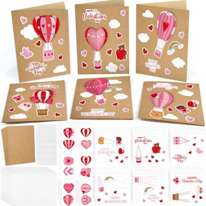 SYUCVQI 18 Pack Valentine's Day DIY Card Making Kit 3D Heart Hot Air Balloon Greeting Cards with Envelope Sticker Valentines Craft School Classroom Valentine Party Gift