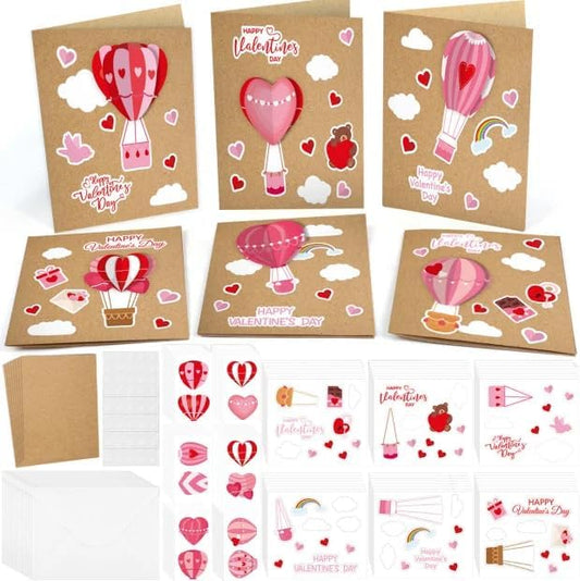 SYUCVQI 18 Pack Valentine's Day DIY Card Making Kit 3D Heart Hot Air Balloon Greeting Cards with Envelope Sticker Valentines Craft School Classroom Valentine Party Gift