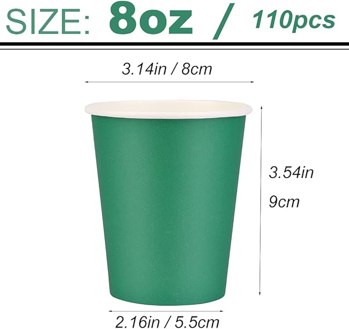 Paper Cups 8 oz 110 Pack, Disposable Paper Coffee Cups for Hot or Cold Beverage Drinking for Party, Picnic, BBQ, Travel, and Event -Green