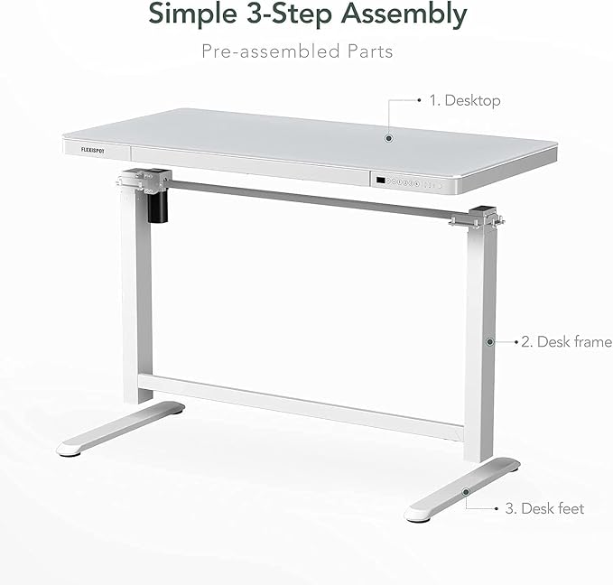 FLEXISPOT Electric Glass Standing Desk with Drawer Desktop & Adjustable Frame Quick Install w/USB Charge Ports, Child Lock (White, Glass)