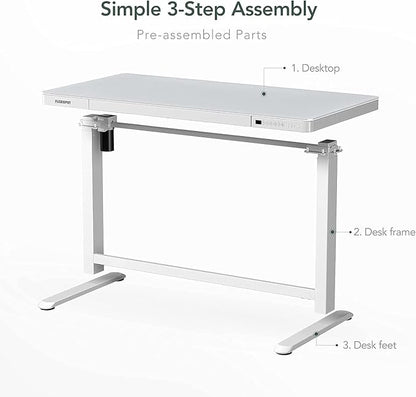 FLEXISPOT Electric Glass Standing Desk with Drawer Desktop & Adjustable Frame Quick Install w/USB Charge Ports, Child Lock (White, Glass)