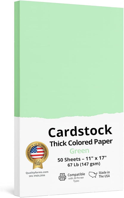 NextDayLabels Color Cardstock Paper - 50 Sheets - 11" x 17" - Pastel Green 67 lb (147 gsm) - Thick Colored Paper for Crafting, Invitations, Posters, Flyers, and DIY Projects - Made in USA
