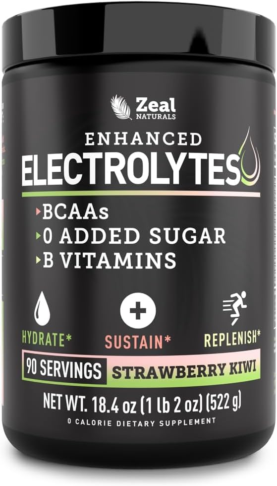 Zeal Electrolyte Powder - 90 Servings | Keto Electrolytes Powder | Zero Sugar, BCAAs, B-Vitamins | Potassium, Zinc, Magnesium | Hydration Powder Recovery Drink | Strawberry Kiwi