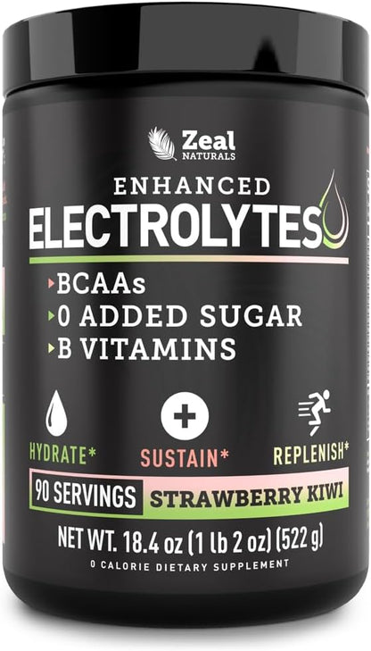 Zeal Electrolyte Powder - 90 Servings | Keto Electrolytes Powder | Zero Sugar, BCAAs, B-Vitamins | Potassium, Zinc, Magnesium | Hydration Powder Recovery Drink | Strawberry Kiwi