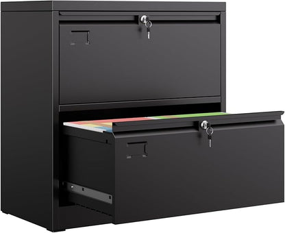 SUXXAN Metal 2 Drawer Lateral File Cabinet, Wide Filing Cabinet with Lock for Letter/Legal/F4/A4 Hanging Files - Includes Business Card Holder,Home Office School Storage,Black