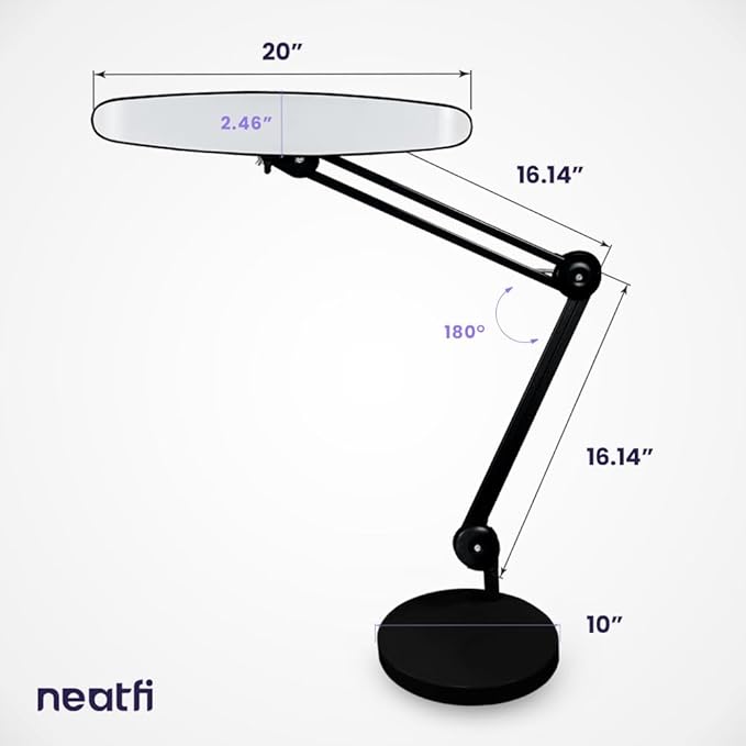 Neatfi XL LED Desk Lamp with Base, 2200 Lumens, 24W, 20-Inch Wide Head, Dimmable 4 Brightness Levels, Task Light for Home Office, Crafts, Workbench (Non-CCT, Black)