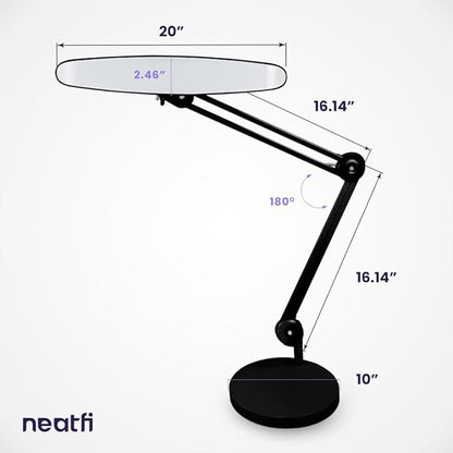 Neatfi XL LED Desk Lamp with Base, 2200 Lumens, 24W, 20-Inch Wide Head, Dimmable 4 Brightness Levels, Task Light for Home Office, Crafts, Workbench (Non-CCT, Black)
