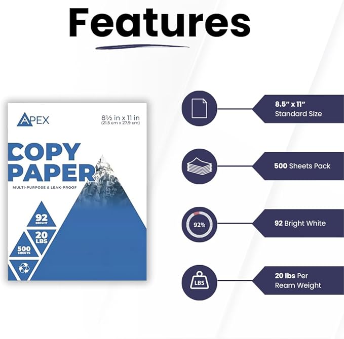 Printer Paper, 20 lb Copy Paper, 8.5 x 11 Inches, 10 Ream 5000 Sheets, (500 Sheets per Ream), 92 Bright, Longer Printer Life, Brighter White