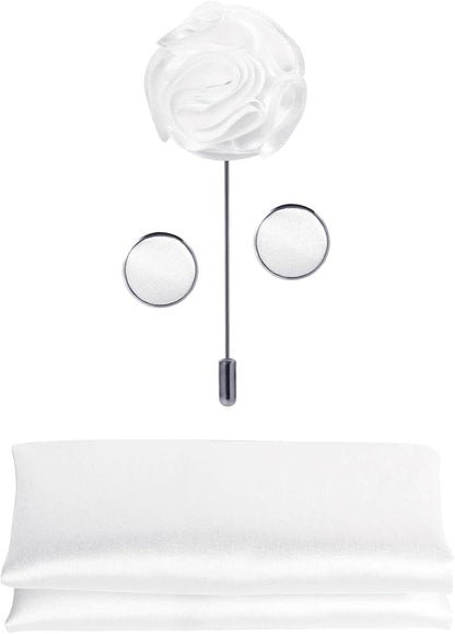 TIE G 5pcs Tie Set in WHITE OR BLACK GIFT BOX: Solid Color Necktie, Satin Bow Tie, Pocket Square, Lapel, Cuff Links