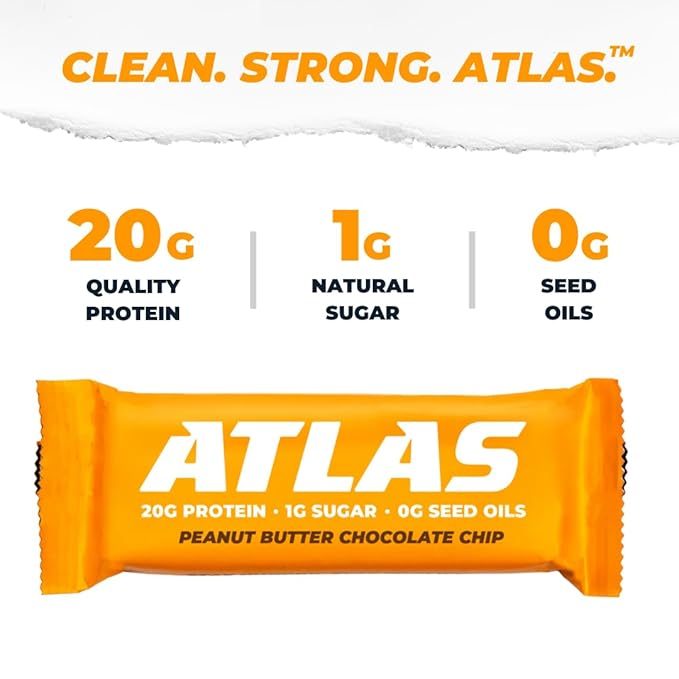 Atlas Bar – 20g Protein, 1g Sugar, 0g Seed Oils, 0g Artificial Sweeteners (12 Count, Peanut Butter Chocolate Chip)