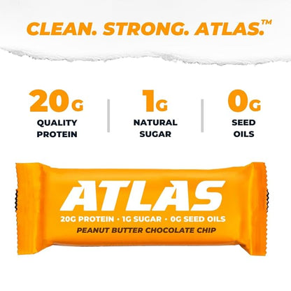 Atlas Bar – 20g Protein, 1g Sugar, 0g Seed Oils, 0g Artificial Sweeteners (12 Count, Peanut Butter Chocolate Chip)