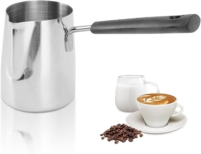 Classics Turkish Coffee Pot, 21oz/600ml Stainless Steel Milk Frothing Jug Long Handle Coffeware Pull Flower Toroid Pitcher Milk Warmer Hot Chocolate Maker