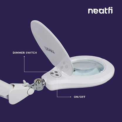 Neatfi Elite Super LED Magnifying Lamp with Clamp, 6” Glass Lens, Dual Magnification, 5D/12D, 6500K, Glare-Free, Nonpolar Dimming, Lamp for Reading, Sewing, Crafting (6 Inch Lens, White)