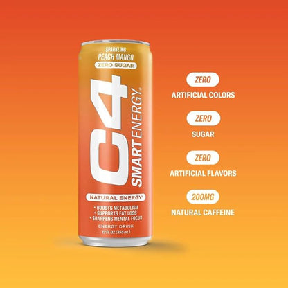 Cellucor C4 Smart Energy Drink ‚ Boost Focus and Energy with Zero Sugar, Natural Energy, and Nootropics - 200mg Caffeine - Blue Raspberry (12oz Pack of 12)