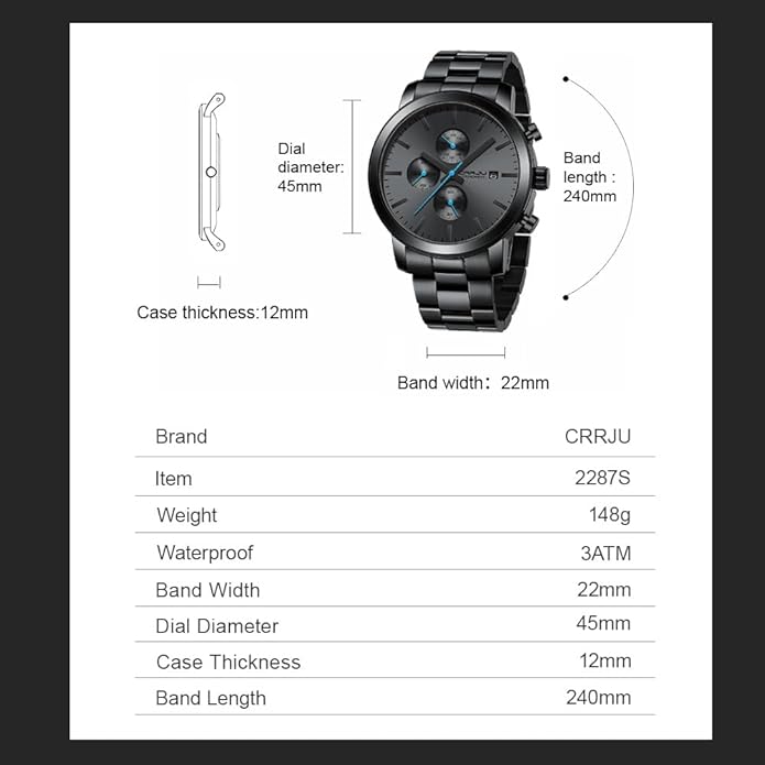 CRRJU Mens Stylish Casual Quartz Watches for Men Luxury Waterproof Calendar Chronograph Japan Movement Wristwatches