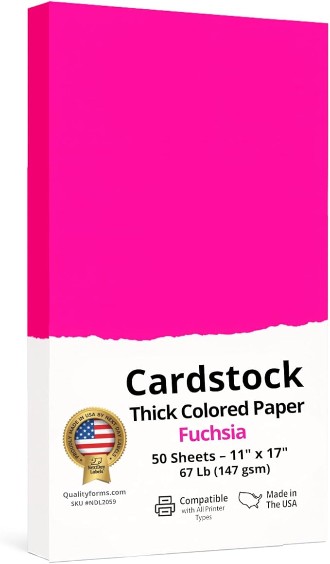 NextDayLabels Color Cardstock Paper - 50 Sheets -11" x 17" - Fuchsia 67 lb (147 gsm) - Thick Colored Paper for Crafting, Invitations, Posters, Flyers, and DIY Projects - Made in USA
