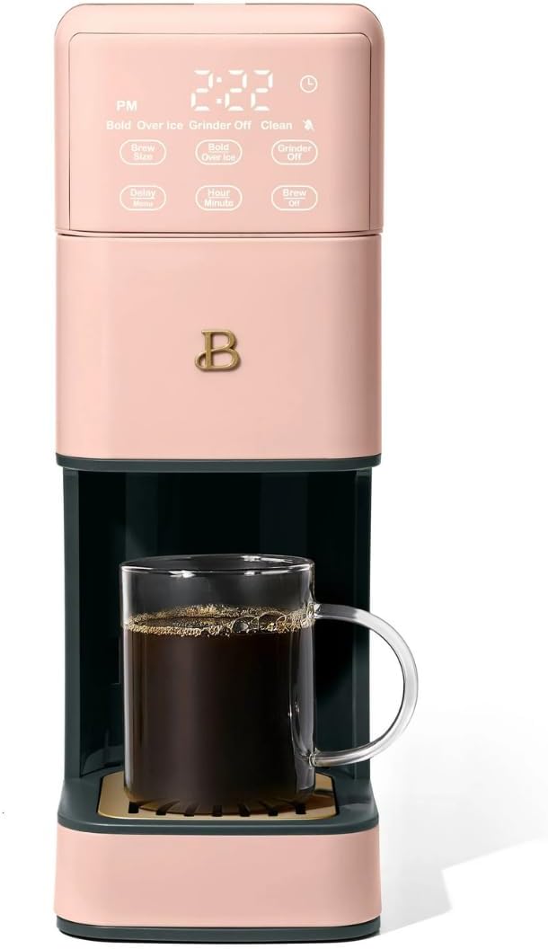 Beautiful Single Serve Coffee Maker with Built-In Burr Grinder, Hot or Iced, Pod-Free, 6 Brew Sizes, 3 Strengths, Touch Display, Reusable Filter, 64oz Reservoir, Slim Design (Rose)